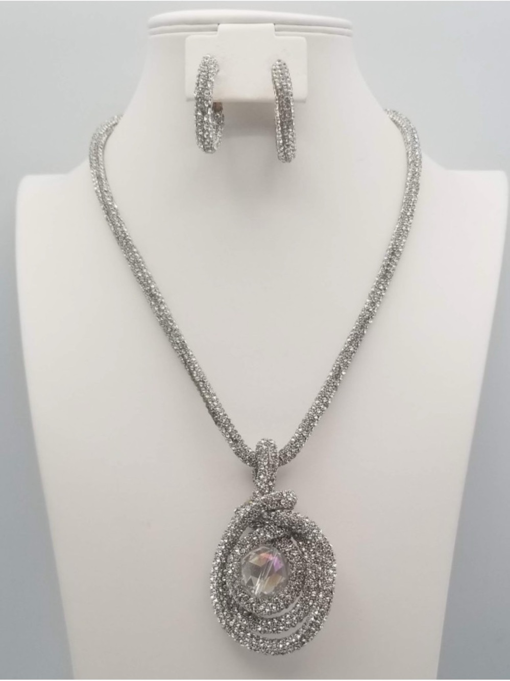 Silver Crystal Spiral Pendant Necklace & Hoop Earrings Set